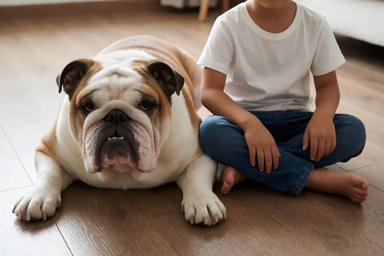 Bulldog Inglês: personalidade, tamanho e como cuidar da raça Bulldog Inglês deitado ao lado de criança