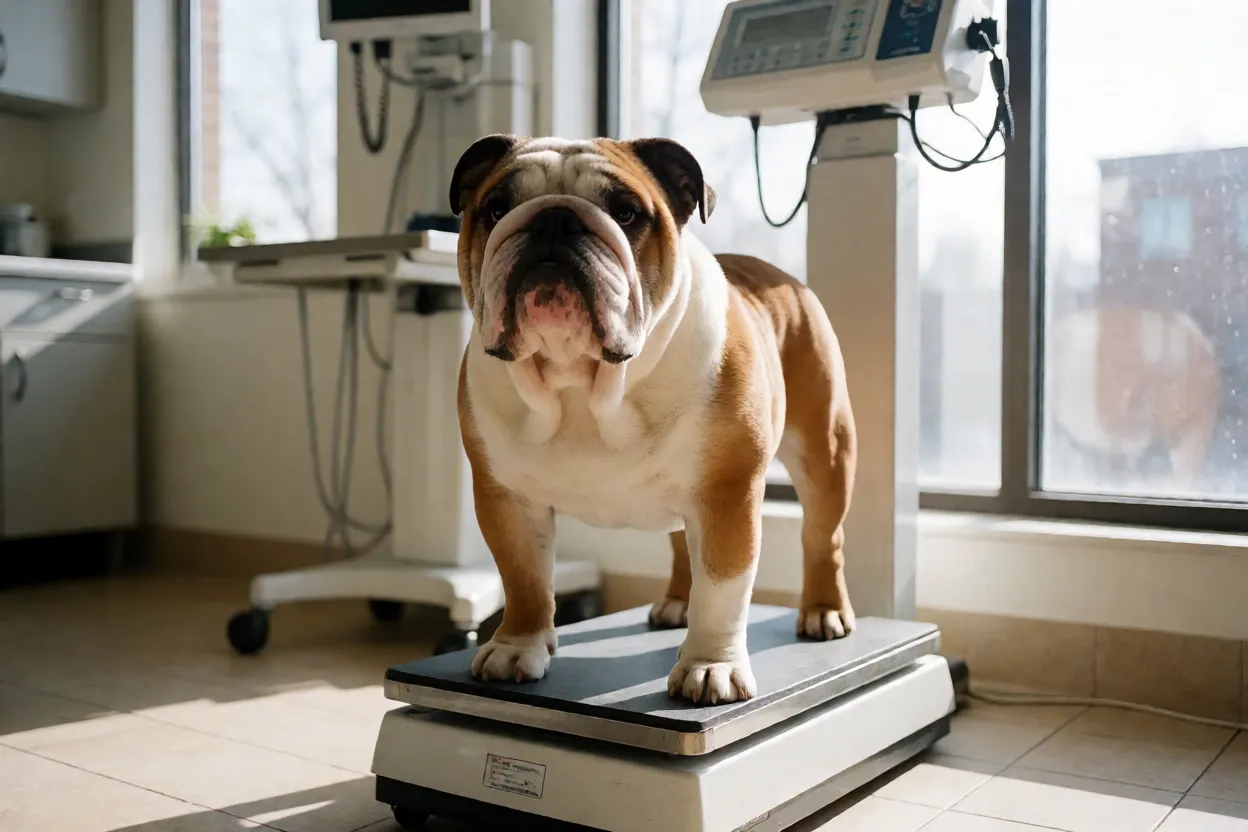 Bulldog Inglês: personalidade, tamanho e como cuidar da raça Bulldog Inglês adulto em balança para mostrar peso