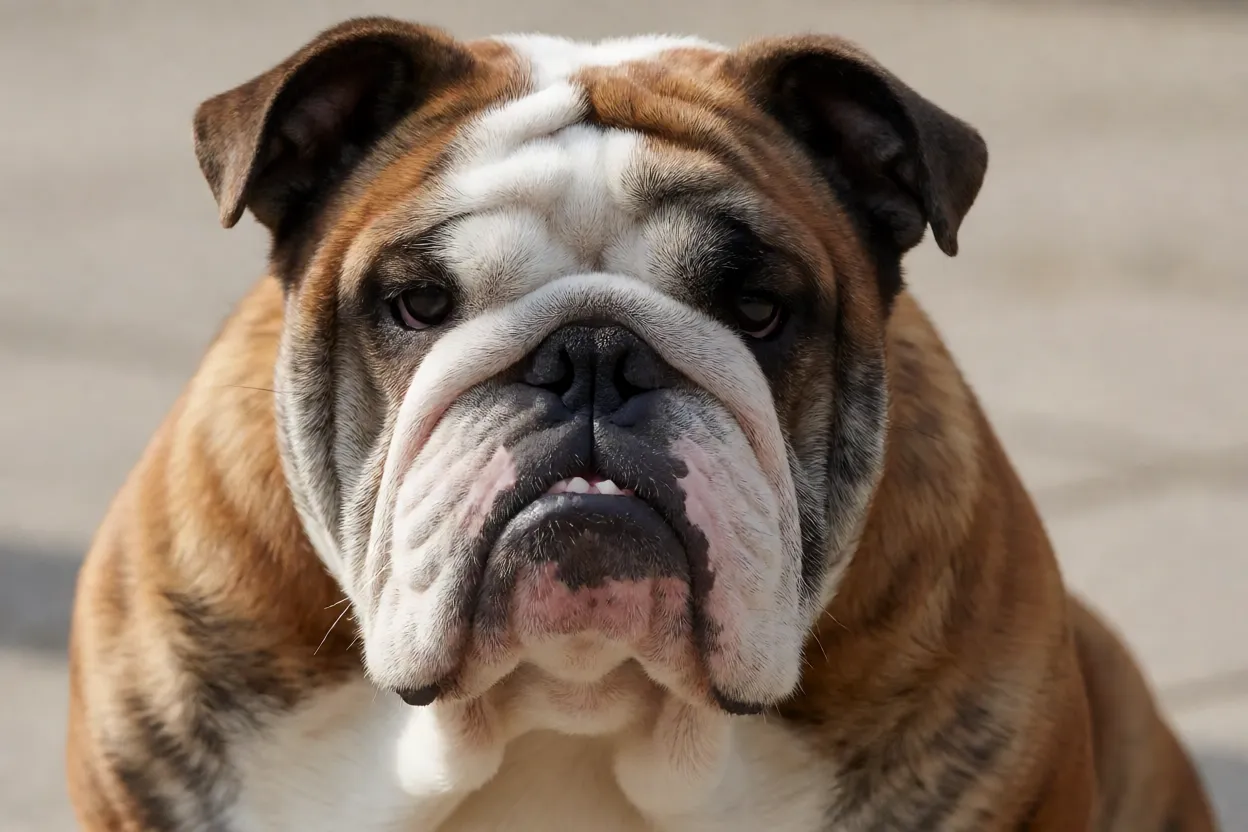 Bulldog Inglês: personalidade, tamanho e como cuidar da raça Bulldog Inglês com pelagem tigrada em close