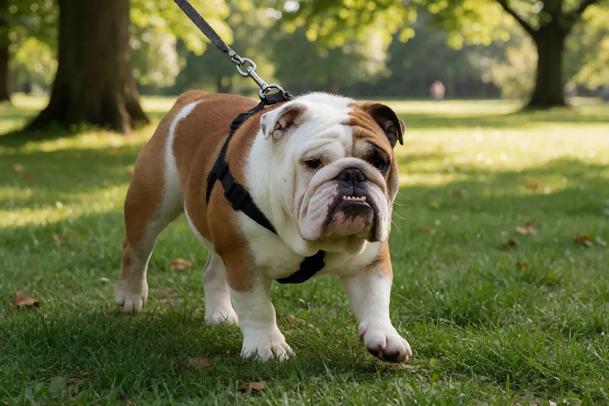 Bulldog Inglês: personalidade, tamanho e como cuidar da raça Bulldog Inglês em caminhada curta com peitoral