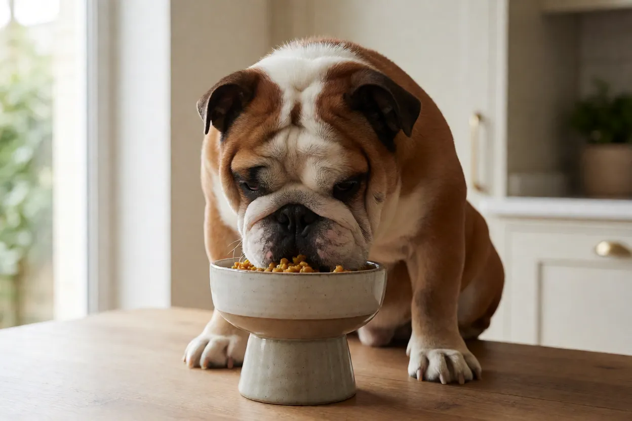 Bulldog Inglês: personalidade, tamanho e como cuidar da raça Bulldog Inglês comendo ração em comedouro elevado