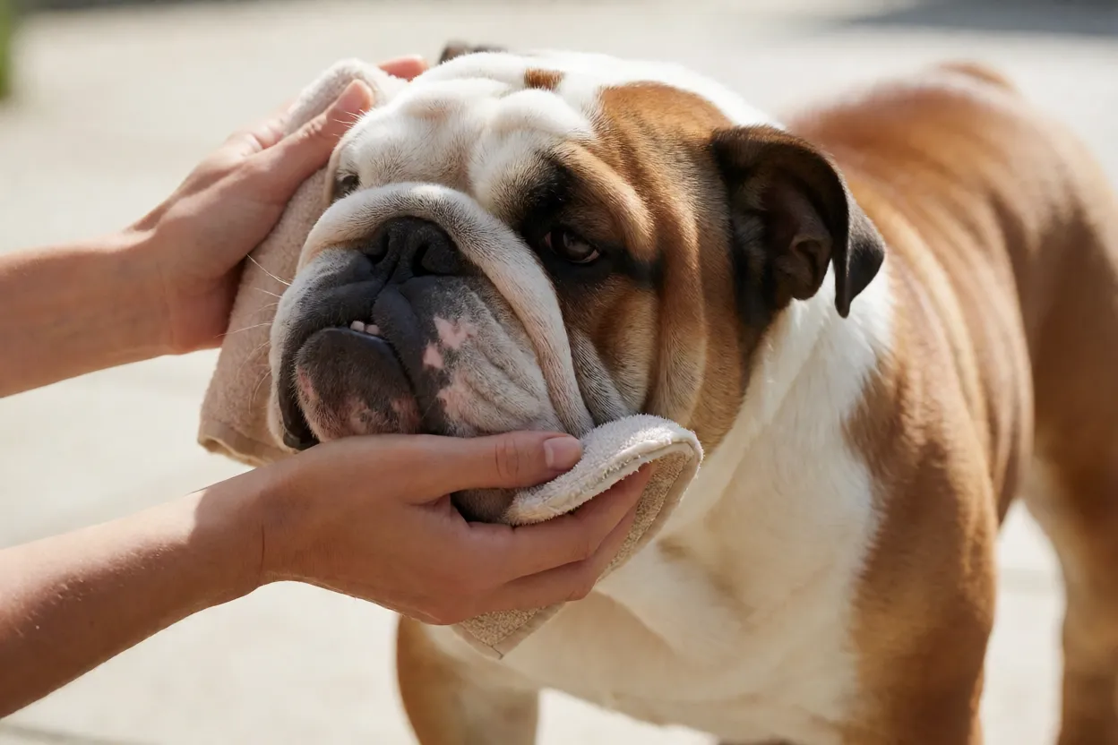 Bulldog Inglês: personalidade, tamanho e como cuidar da raça Mãos limpando as dobras do rosto de um Bulldog Inglês