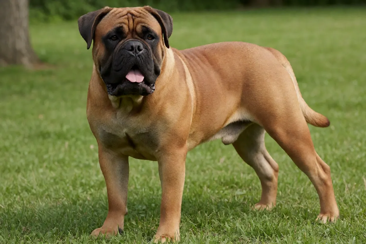 Bullmastiff adulto de pelagem fawn em p&eacute; em gramado natural