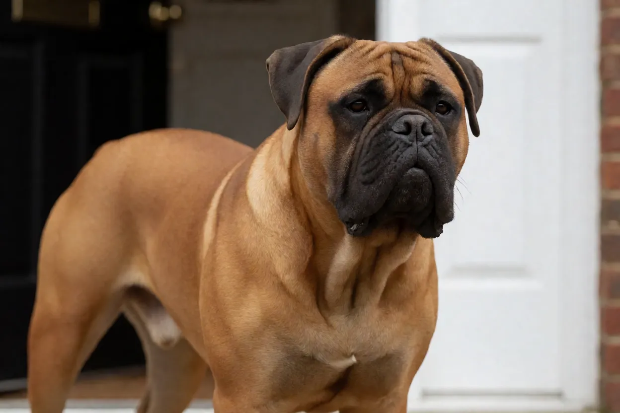 Bullmastiff alerta na entrada de uma resid&ecirc;ncia