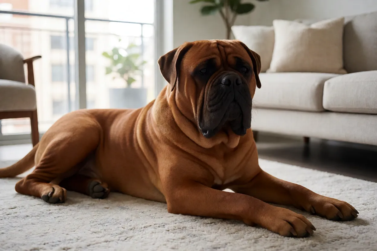 Bullmastiff adulto descansando em apartamento espa&ccedil;oso
