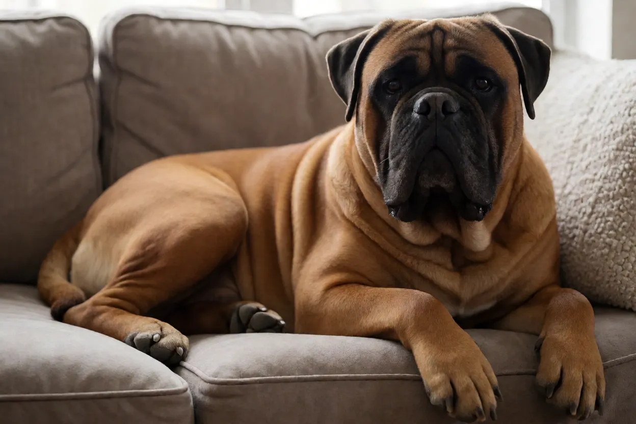 Bullmastiff adulto com excesso de peso em ambiente dom&eacute;stico