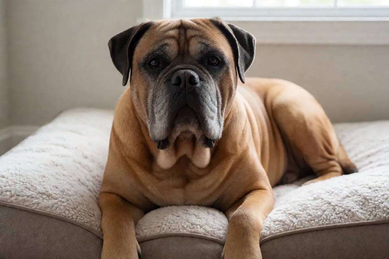 Bullmastiff idoso descansando em local confort&aacute;vel
