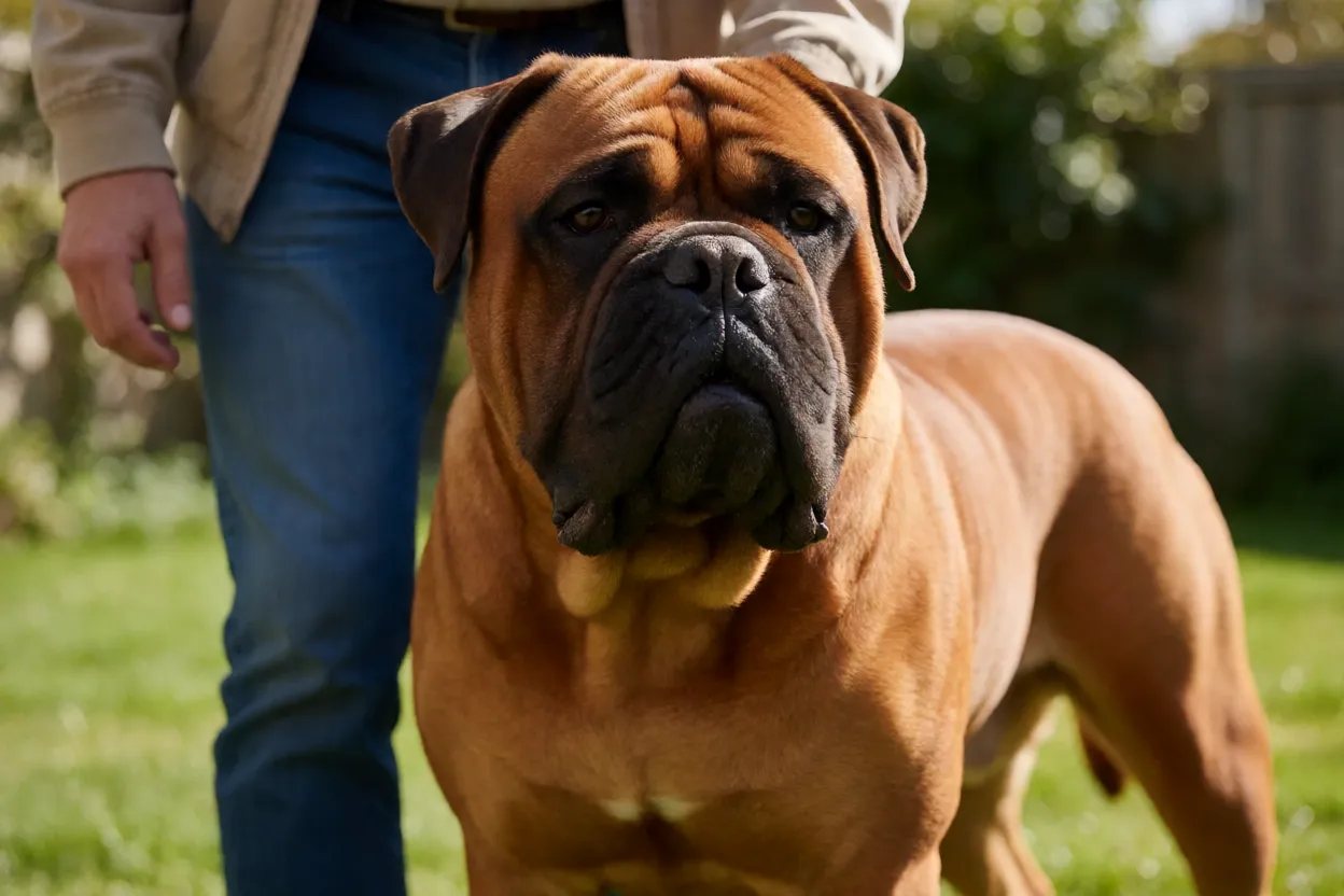 Bullmastiff adulto ao lado do tutor em ambiente residencial