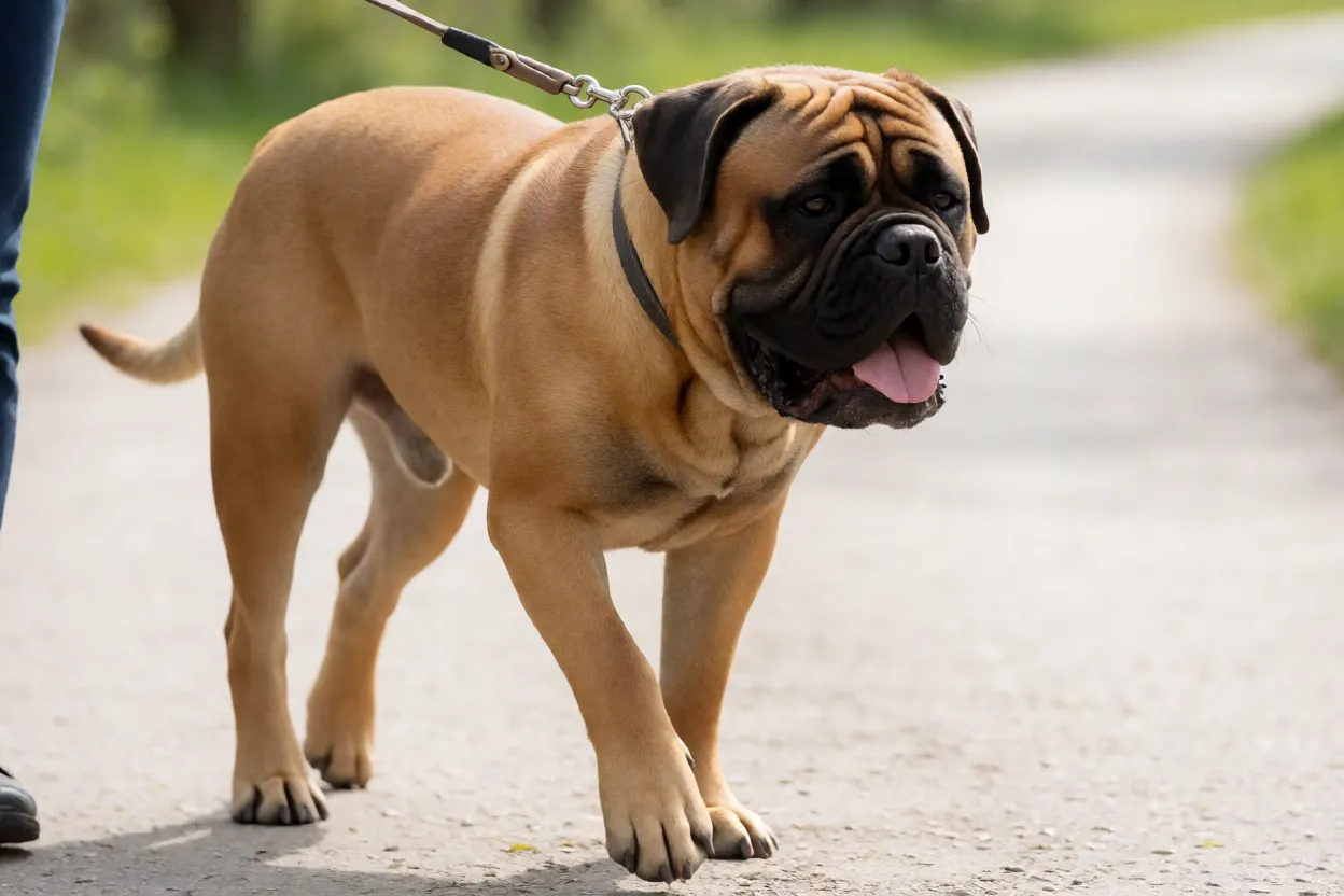 Bullmastiff adulto em caminhada calma na coleira