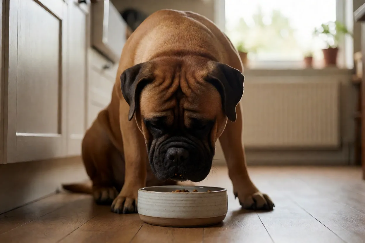 Bullmastiff adulto comendo em comedouro no ch&atilde;o