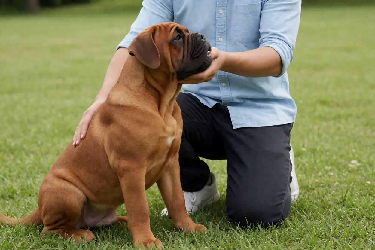 Filhote de Bullmastiff em sess&atilde;o de treino b&aacute;sico