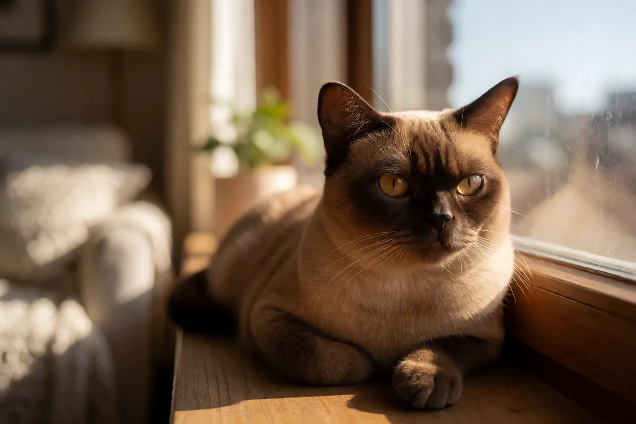 Gato Burmês descansando no parapeito da janela em apartamento
