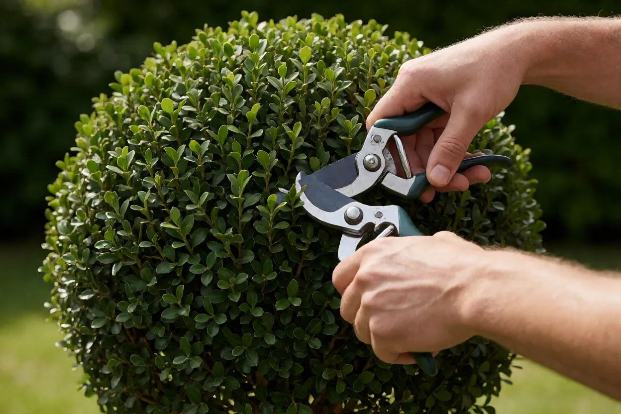 Poda de topiaria em buxinho formando esfera