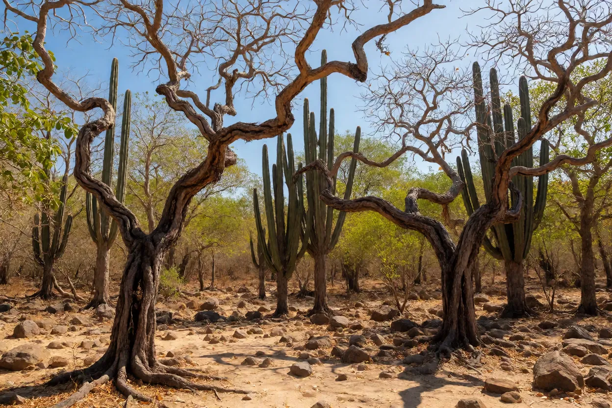 Caatinga Paisagem do bioma Caatinga na estação seca com árvores retorcidas e cactos