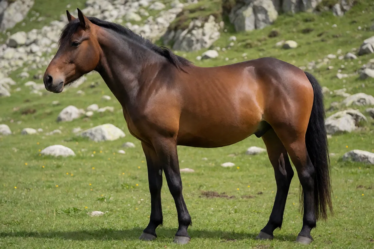Cavalo Cabardino adulto de corpo inteiro em pasto de montanha visto de lado