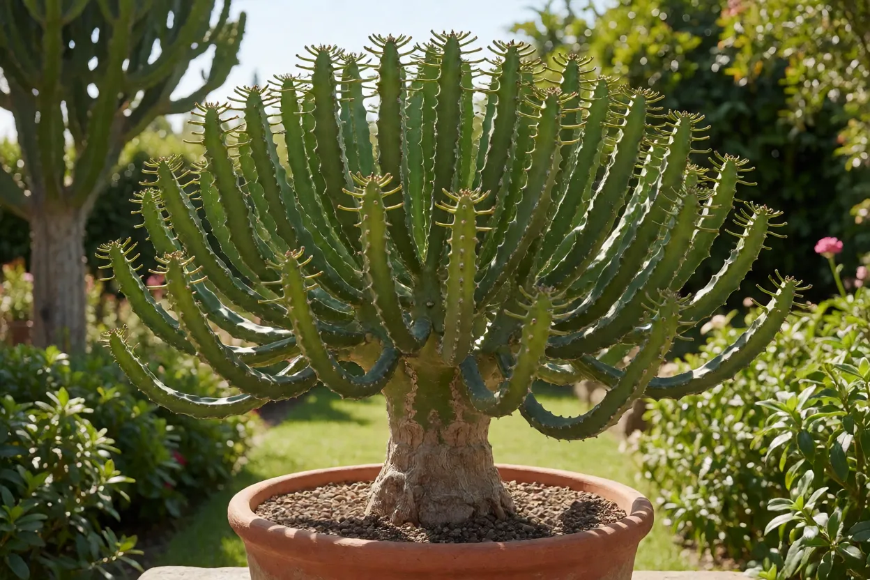 Cabeça-de-medusa adulta em vaso raso de barro mostrando caudex central e braços serpenteantes