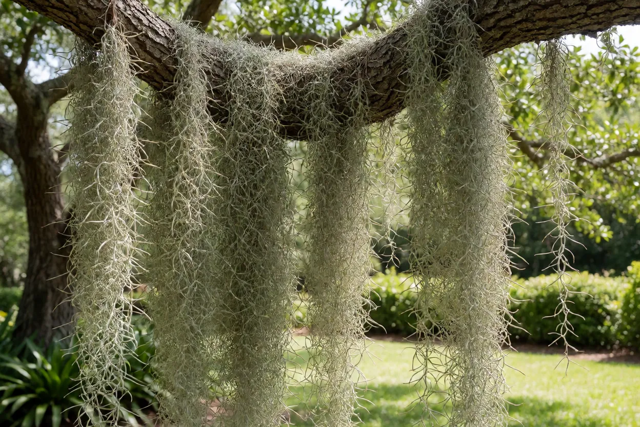 Cabeleira-de-velho Tillandsia usneoides formando cortina pendente prateada em galho de árvore