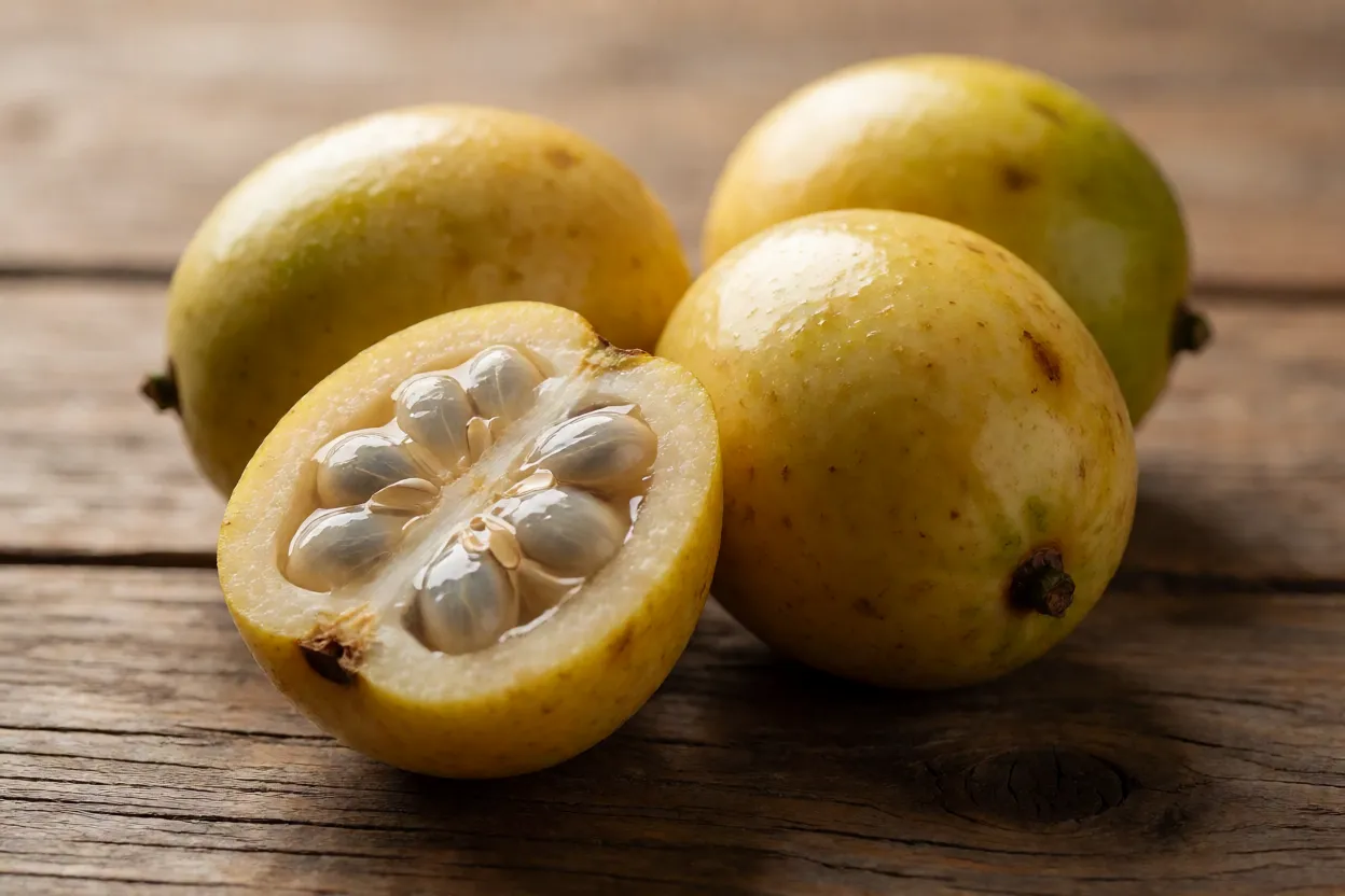Fruta cabeluda inteira e cortada ao meio mostrando polpa translúcida e sementes