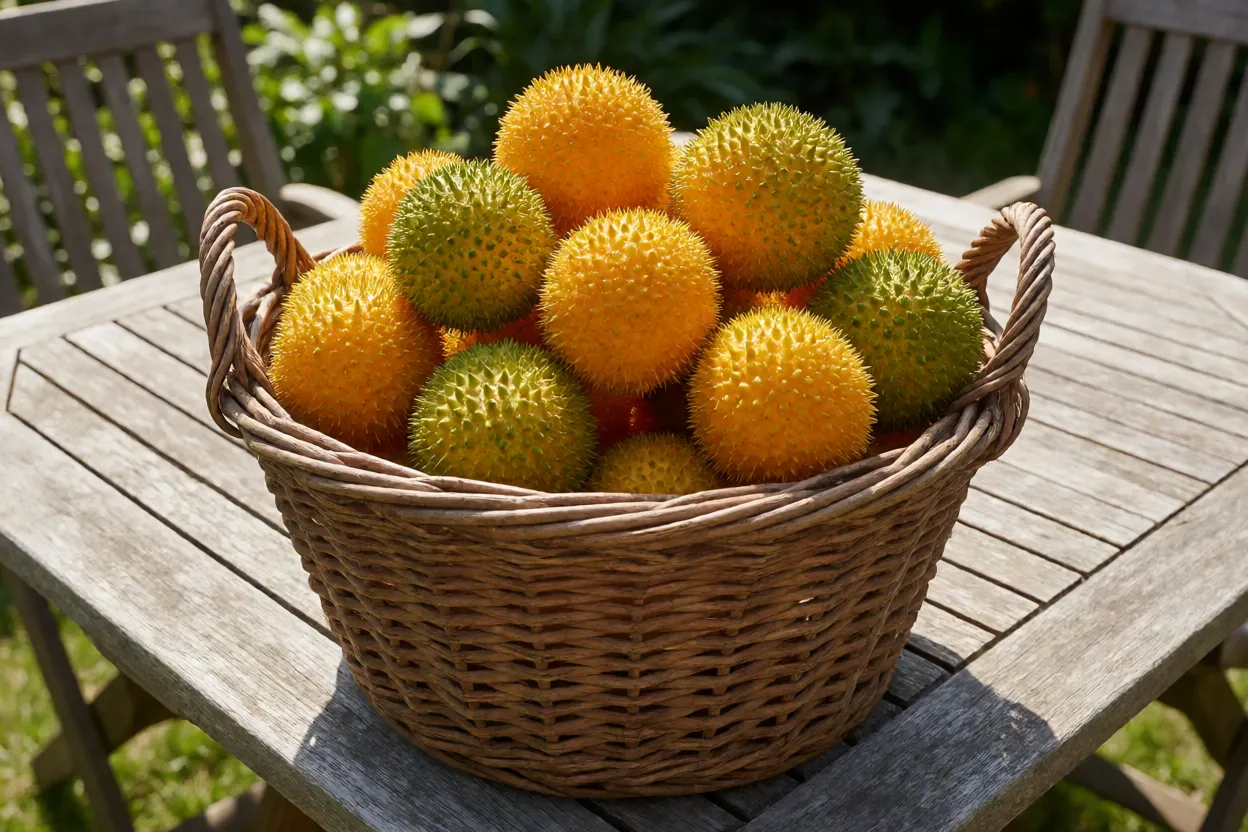Cesto de colheita com cabeludas frescas amarelo-alaranjadas