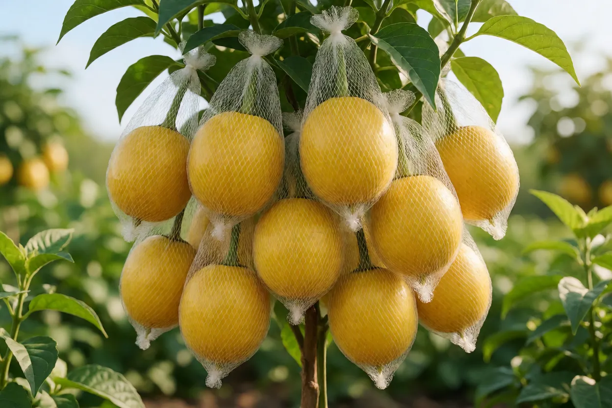 Frutos de cabeludinha protegidos com saquinhos contra mosca-das-frutas