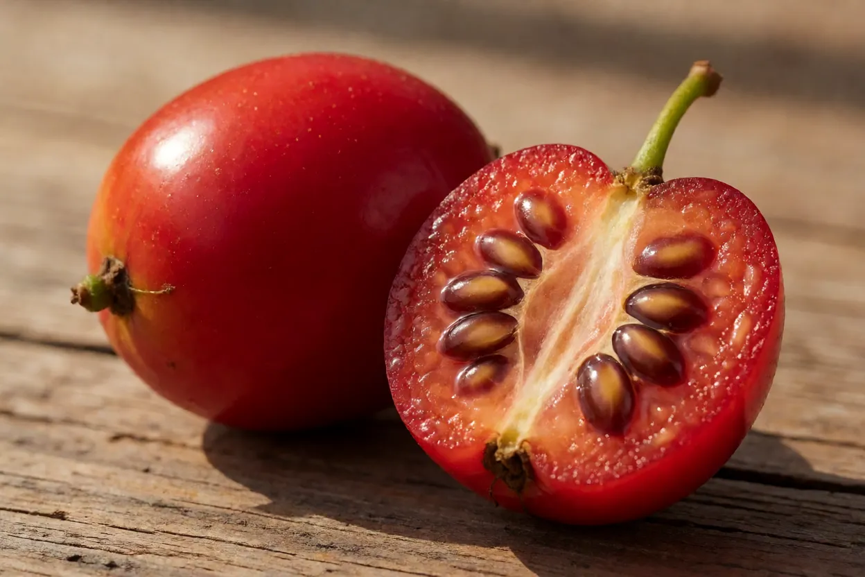 Frutos de cabeludinha-do-campo inteiros e cortado mostrando polpa e sementes