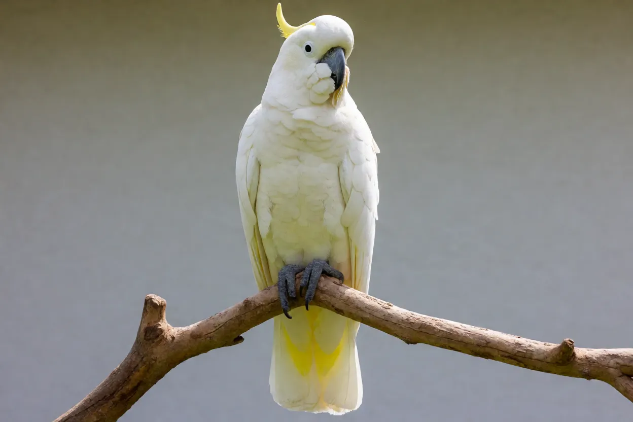 Cacatua-branca de corpo inteiro empoleirada em galho com plumagem branca