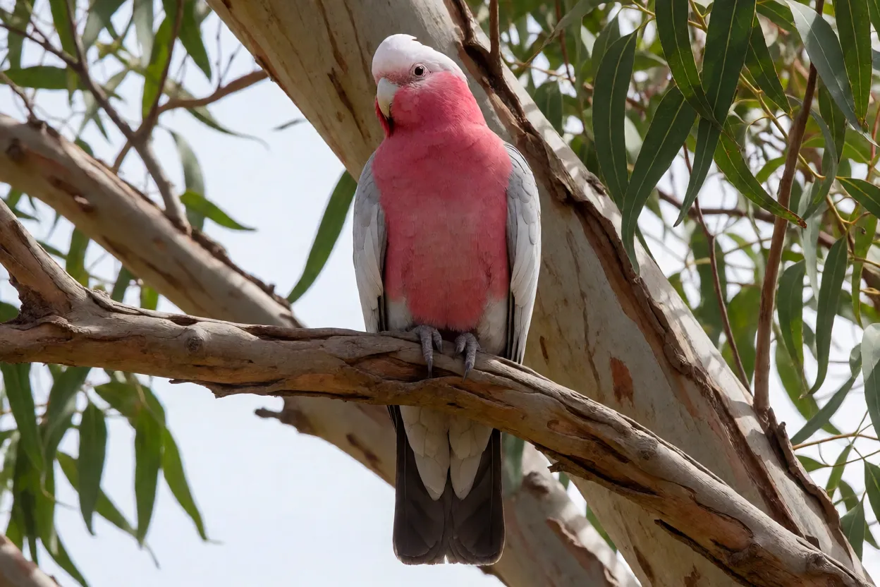 Cacatua-rosa adulta de corpo inteiro pousada em galho de eucalipto