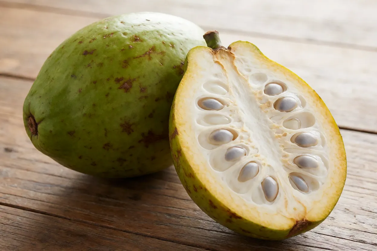 Fruto de cacau-tigre inteiro e cortado mostrando polpa branca e sementes
