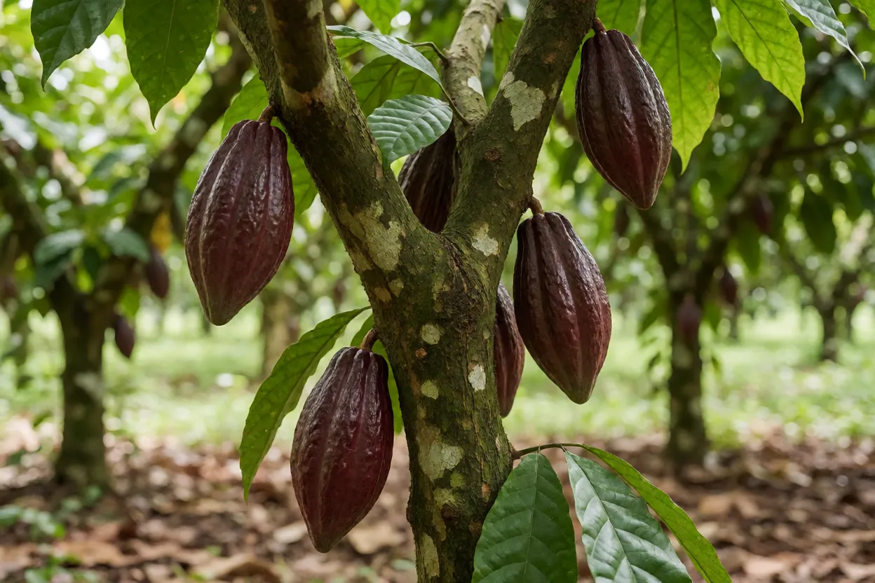 Cacaueiro com frutos maduros crescendo no tronco em pomar tropical