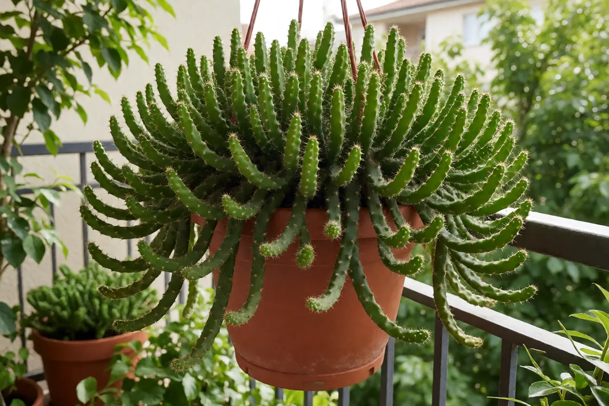Cacto-amendoim adulto em vaso pendente de barro com touceira densa de hastes verdes