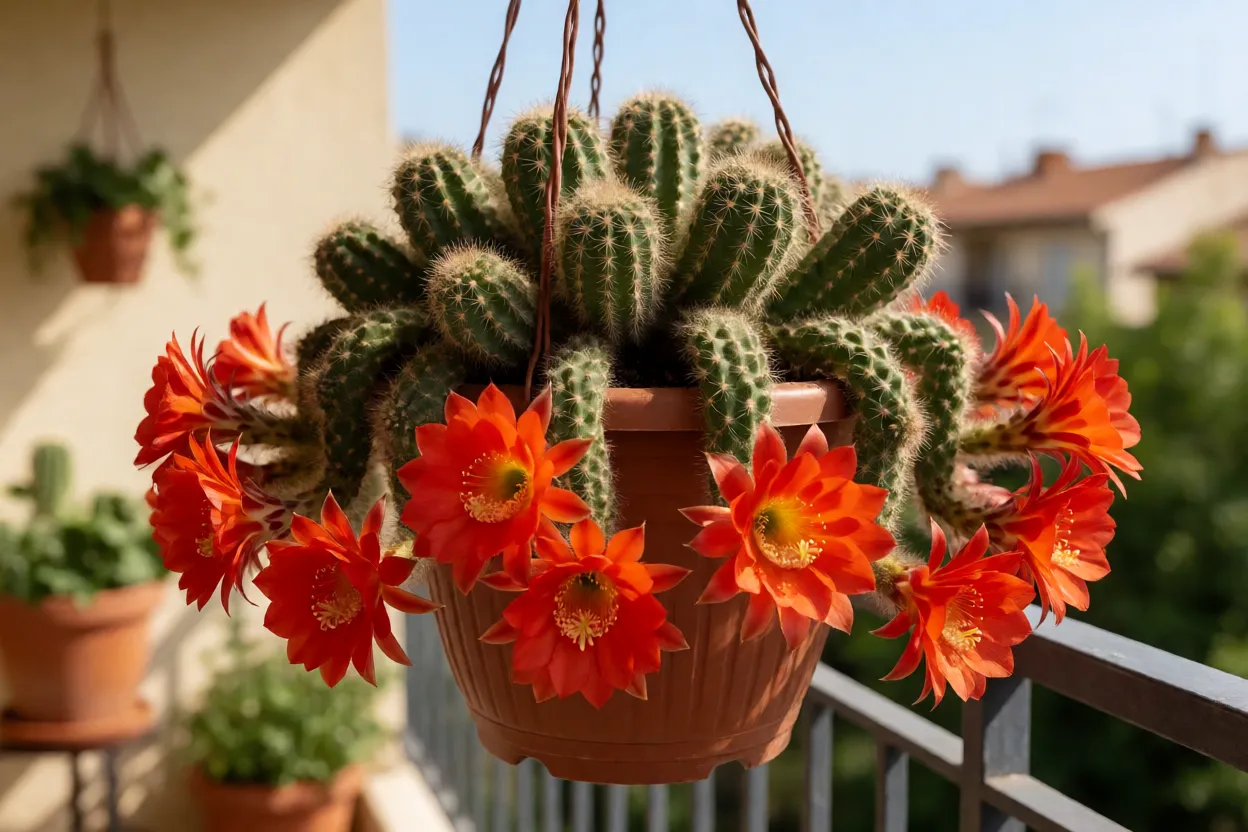 Cacto-amendoim florido em vaso suspenso ao sol