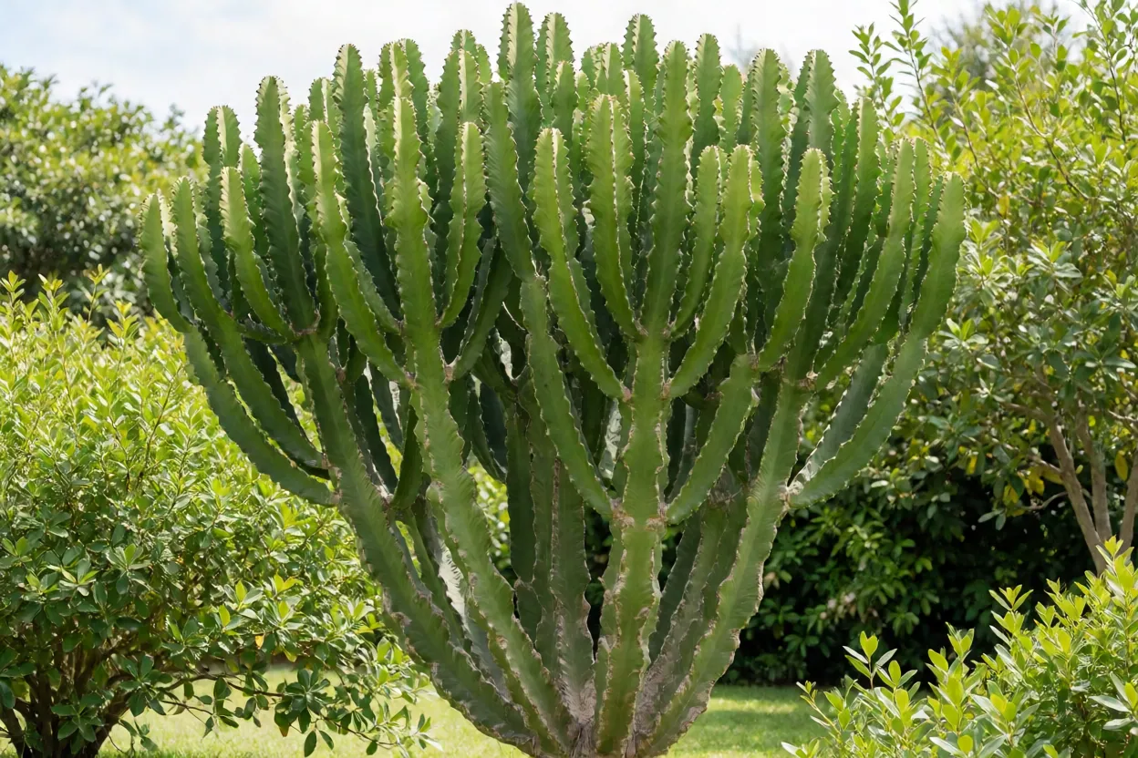 Cacto-candelabro adulto de grande porte no jardim sob sol pleno