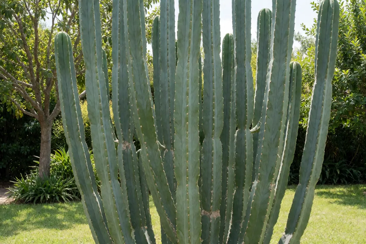 Cacto-do-peru Cacto-do-peru adulto de grande porte com colunas verde-azuladas em jardim ensolarado