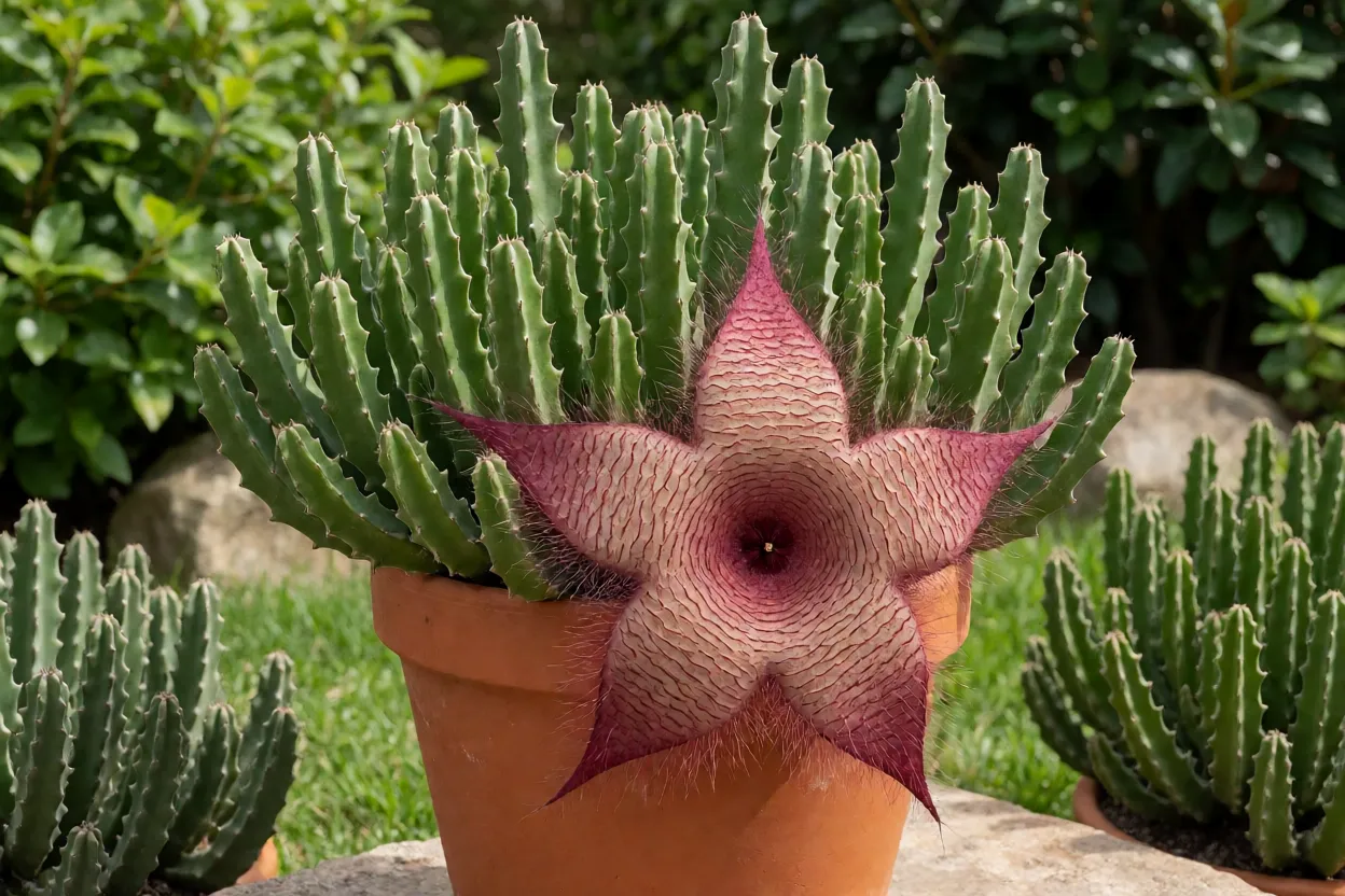 Cacto-estrela Stapelia hirsuta adulto em vaso de barro com flor grande em forma de estrela