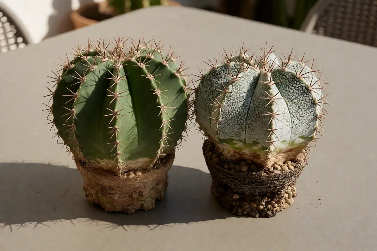 Cacto-estrela: formato das flores, características e como cultivar Base de cacto-estrela apodrecida ao lado de uma planta saudável