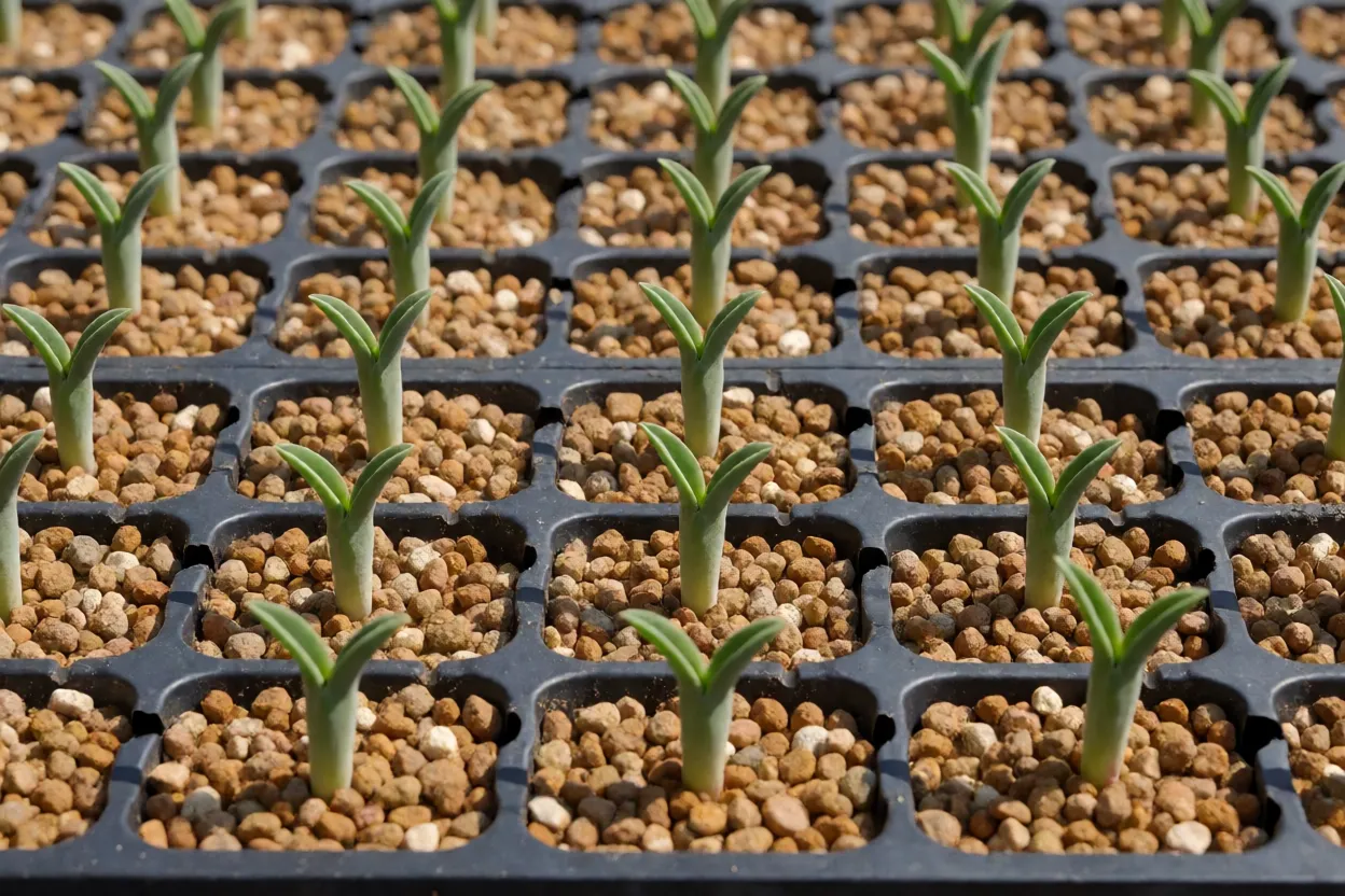 Cacto-estrela: formato das flores, características e como cultivar Mudas de cacto-estrela nascidas de semente em bandeja de viveiro