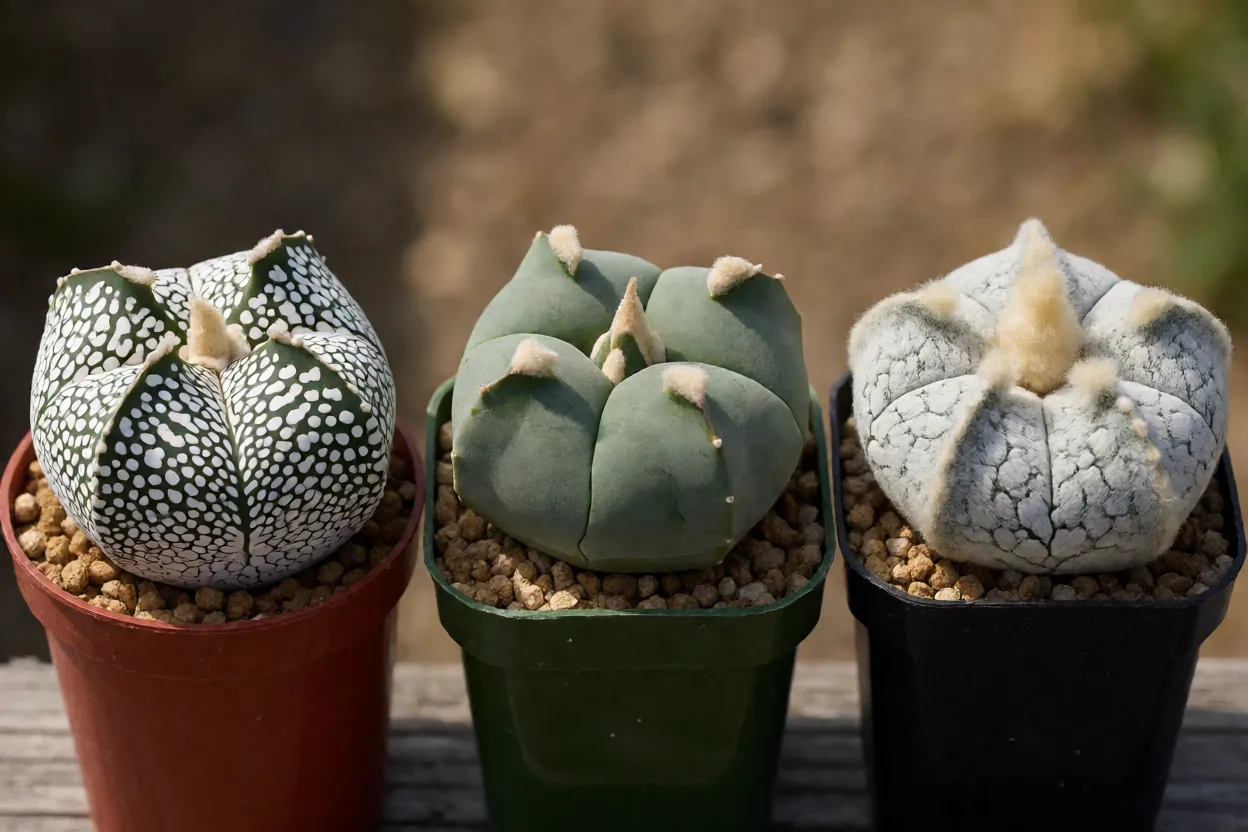 Cacto-estrela: formato das flores, características e como cultivar Diferentes variedades de cacto-estrela lado a lado, como Superkabuto e Ruri Kabuto