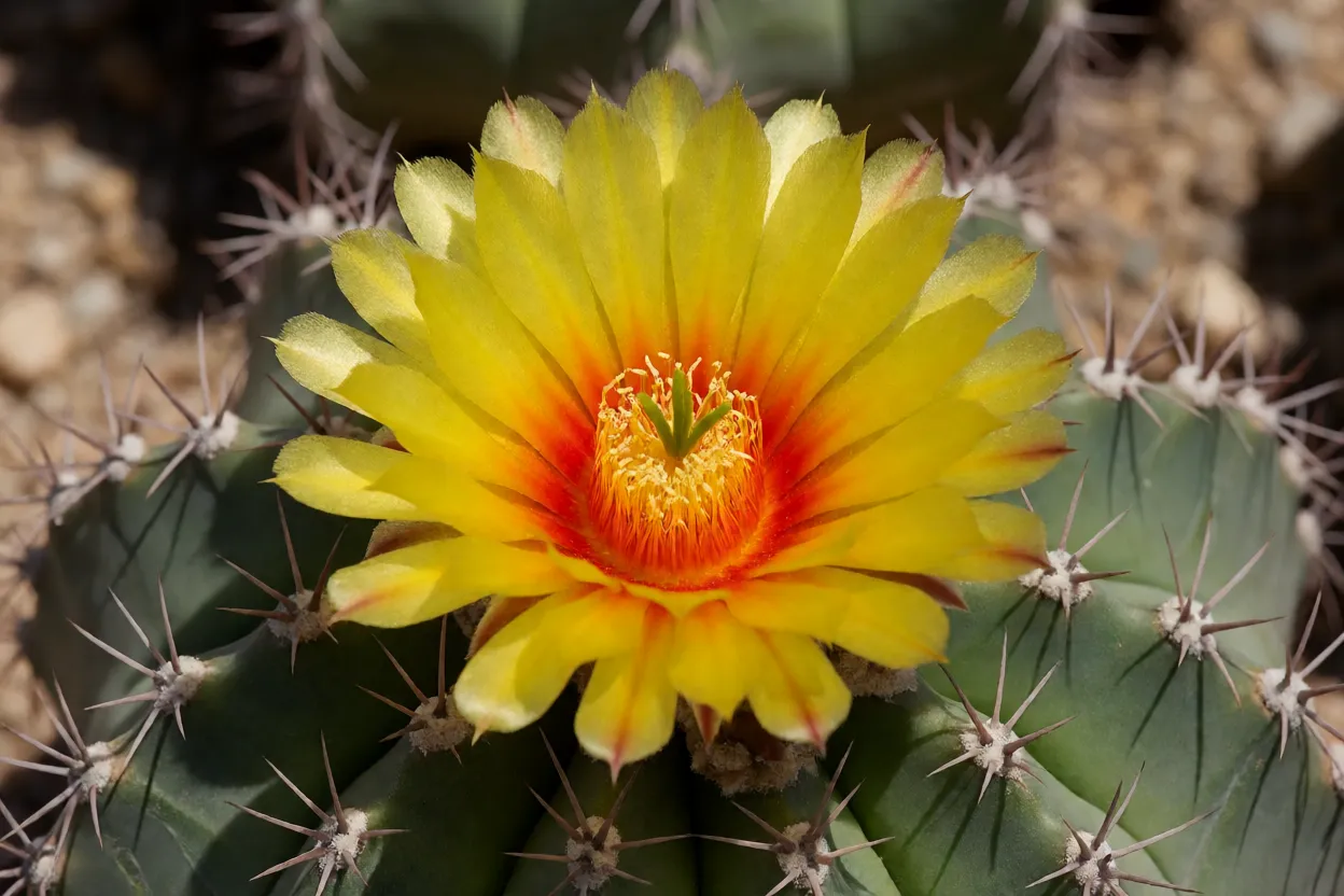 Cacto-estrela: formato das flores, características e como cultivar Flor amarela com garganta laranja-avermelhada aberta no centro do cacto-estrela