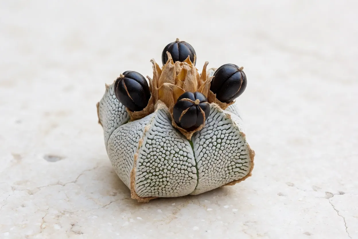 Cacto-estrela: formato das flores, características e como cultivar Fruto peludo e sementes pretas e brilhantes de cacto-estrela