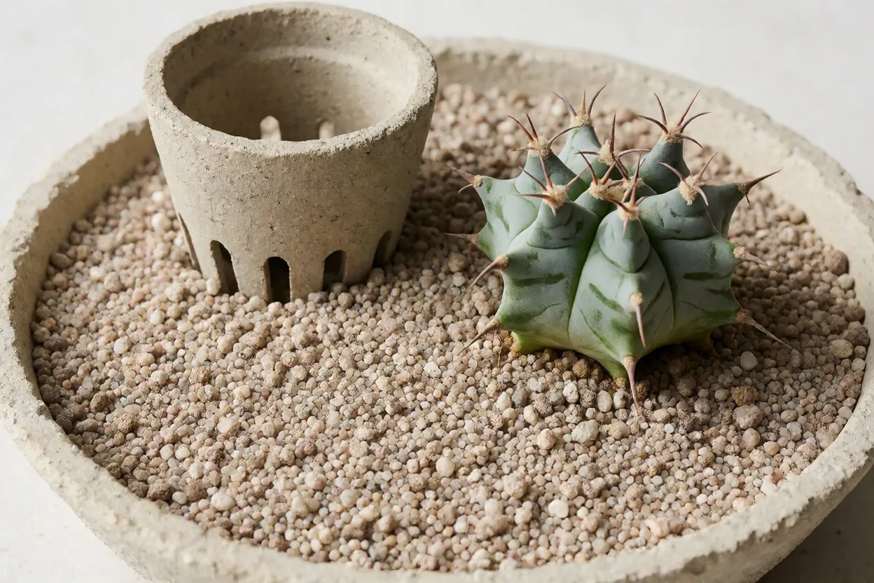 Cacto-estrela: formato das flores, características e como cultivar Mistura de pedra-pomes e areia lavada ao lado de um vaso para cacto-estrela