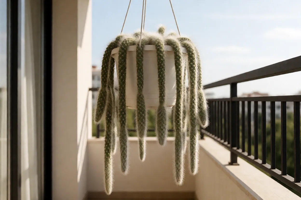 Cacto-rabo-de-macaco adulto pendente em vaso suspenso branco com hastes longas e peludas