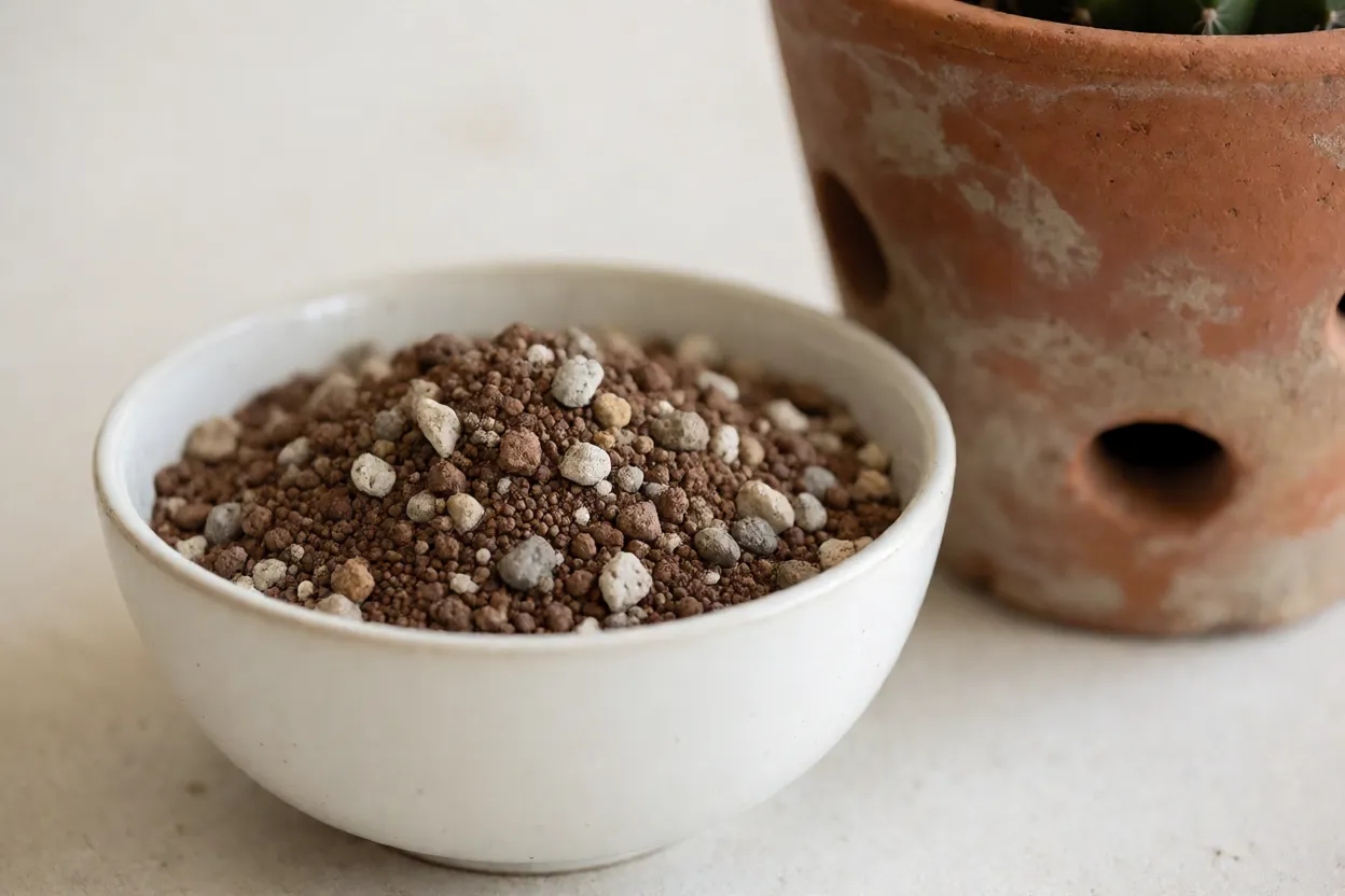 Mistura de substrato para cactos com pedra-pomes ao lado de um vaso de barro
