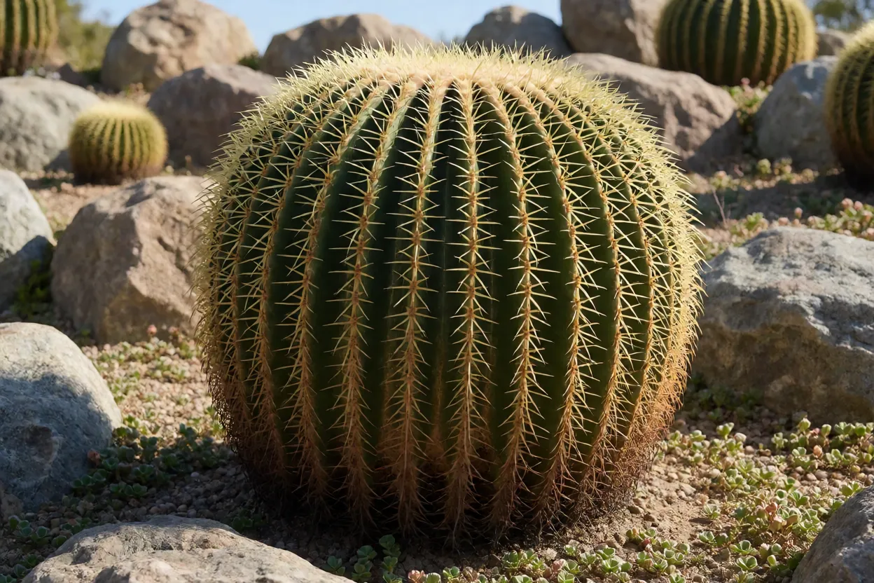 Cadeira-de-sogra adulta em jardim rochoso com espinhos dourados