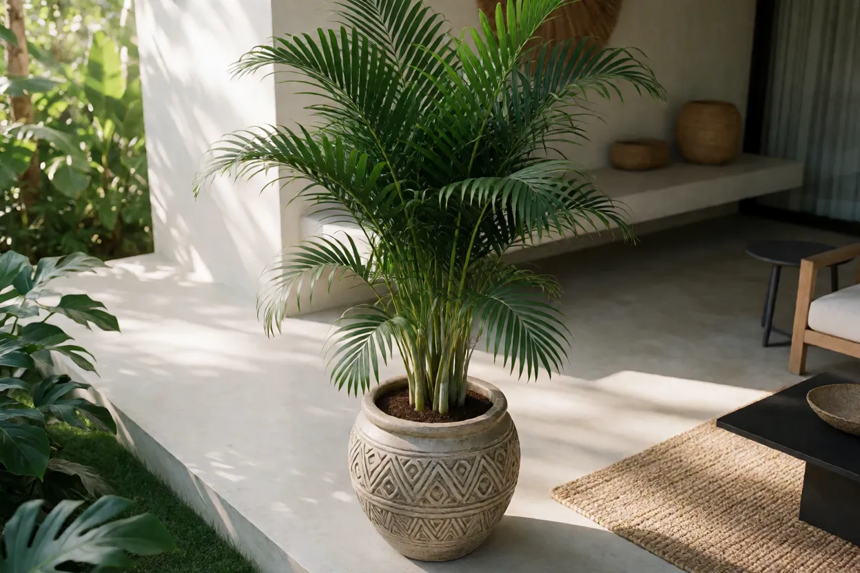 Caeté cultivado em vaso grande em varanda sombreada