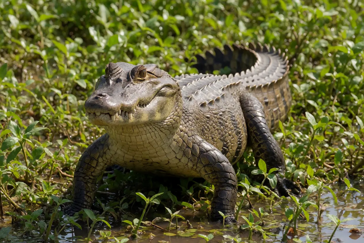 Caiman adulto de corpo inteiro em área alagada do Pantanal