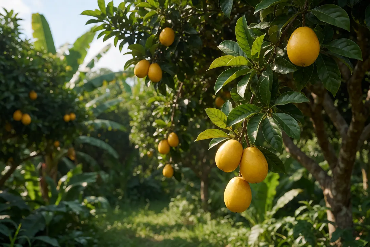 Caimiteiro com frutos amarelos maduros pendentes na árvore