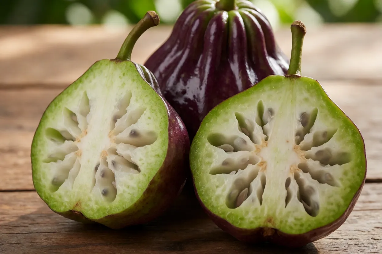 Cainito roxo e verde inteiros e cortados ao meio mostrando polpa em forma de estrela