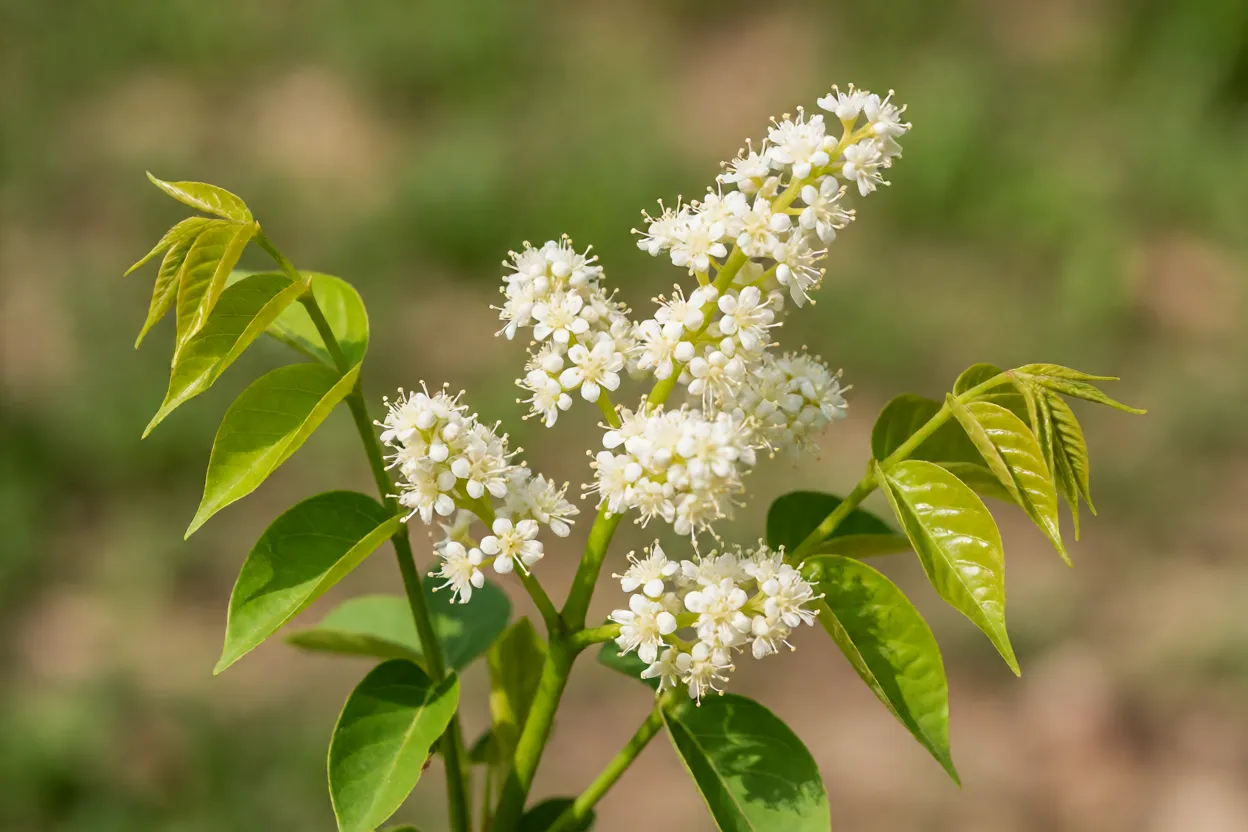 Flores brancas em panícula e folhas compostas do cajá-bravo