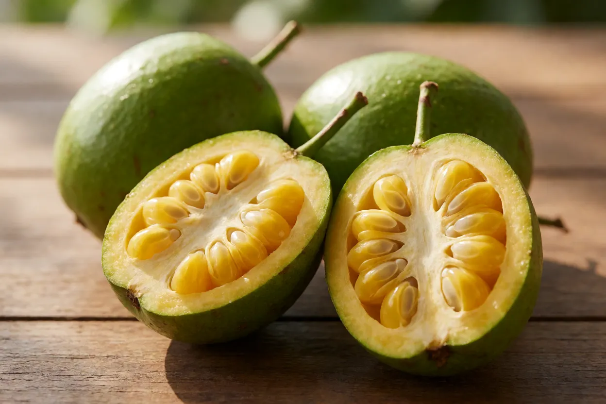 Frutos de cajá-mirim inteiros e cortado mostrando polpa amarela e caroço fibroso