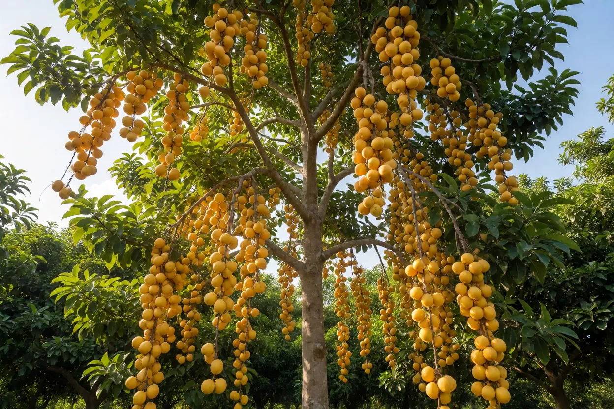 Cajazeira alta carregada de frutos amarelos maduros no pomar